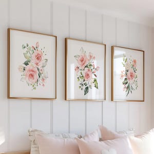Blush Rose Nursery Wall Art Prints, Watercolor Floral Printables, Girls Room Decor, Soft Pink and Green Boho Flowers Set of 3 Digital Prints