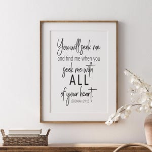 Jeremiah 29:13 Seek me with all of your heart Print, Bible Verse Printable Wall Art Scripture Christian Digital Modern Minimalist Home Decor