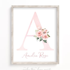 Vintage Rose Girls Nursery Prints, Boho Watercolor Floral Floral Personalized Custom Name Print, Blush Pink Gold Flowers Name Sign Poster