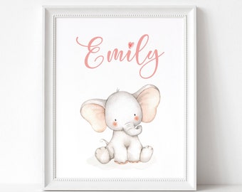 Baby Elephant Nursery Prints | Girl Safari Theme Room Decor Wall Art Printable | Personalized Custom Name | Watercolor