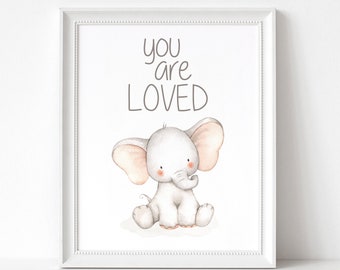 Baby Elephant Nursery Print | You Are Loved | Boy Safari Theme Room Decor Wall Art Printable | Watercolor | Bedroom Prints