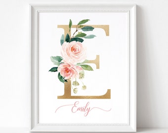 Gold Initial and Name Floral Print | Personalized Monogram Custom Printable | Wall Art Decor