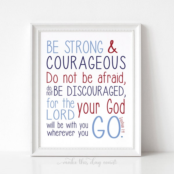 Be Strong and Courageous Joshua 1 9 Print, Nursery Boys Room Decor, Boy Scripture Prints, Bible Verse, Red Blue and Navy, Digital Wall Art