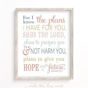 Jérémie 29:11 car je connais les projets que j&#39;ai pour vous, impression d&#39;art mural verset de la Bible pour enfants, décoration de chambre de bébé filles bohèmes écriture numérique