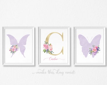 Butterfly Floral Girl's Bedroom Nursery Print | Personalized Initial Name Custom Printable | Watercolor Floral Wall Art | Purple Lavender