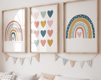 Rainbow and Hearts Nursery Wall Art, Set of 3 Prints, Boho Girls Room Decor, Heart Themed Teen Children Digital Printable Playroom Signs