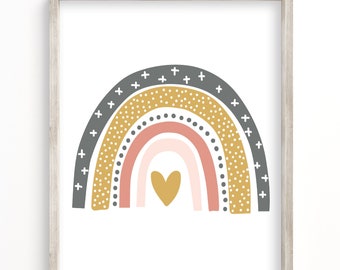 Puede incluir: Una impresión artística enmarcada con un arcoíris estilizado y un corazón dorado. El arcoíris tiene capas de gris, dorado, rosa y blanco. El texto "make this day count" está en la parte inferior. El marco es de madera clara.