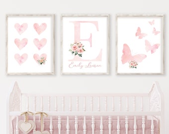 Butterfly Floral Girl's Bedroom Nursery Print | Personalized Initial and Name Custom Printable | Watercolor Floral Wall Art Vintage Rose