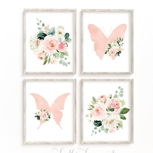 Watercolor Floral and Butterfly Wall Art Prints, Girls Pink Rose Bedroom Nursery Decor, Boho Vintage Floral Digital Printable, Set of 4