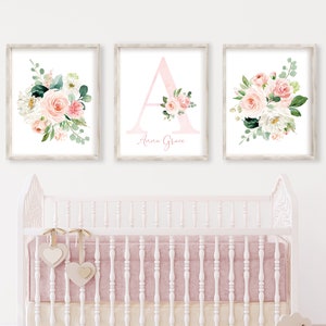 Gold Blush Pink, Girl's Floral Nursery Wall Art Prints Set | Watercolor Floral Prints | Girls Personalized Custom Name | Baby | Roses Peony