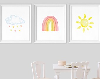 Rainbow Wall Art, Rainbow Prints Set of 3, Weather Prints, Gender Neutral Nursery Decor, Girls Rainbow Prints, Printable Art, Girls Room