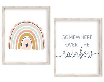 Rainbow Wall Art, Somewhere over the rainbow print, Blush Pink Pastel Rainbow Printable, Girls Rainbow Prints, Girls Room Rainbow Decor