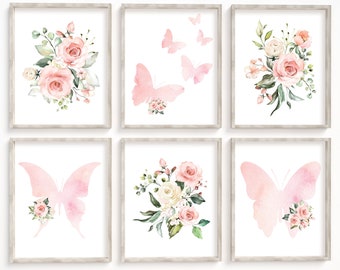 Vintage Rose Nursery Prints | Girls Wall Art Prints | Butterfly Boho Bedroom Nursery Print | Pink Blush Vintage Rose, Custom Name Print