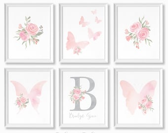 Butterfly Girls Bedroom Nursery Print | Pink Blush Butterflies, Custom Name Print, Pink and Gray Girls Wall Art, Hearts and Butterfly prints