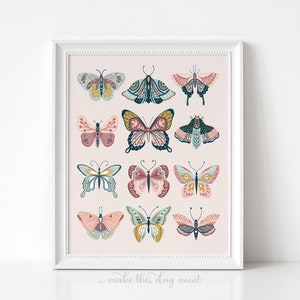 Boho Butterfly Print, Boho Girl's Nursery, Butterfly Printable, Boho Butterflies, Blush Pink Aqua Girls Bedroom Decor, Girls Wall Art