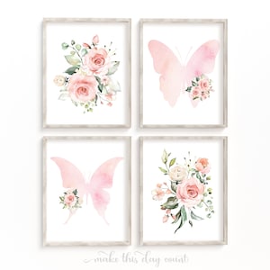 Watercolor Floral and Butterfly Wall Art Print, Girls Bedroom Nursery Prints, Pink Room Decor Printable, Vintage Rose Set of 4 Pink Flowers