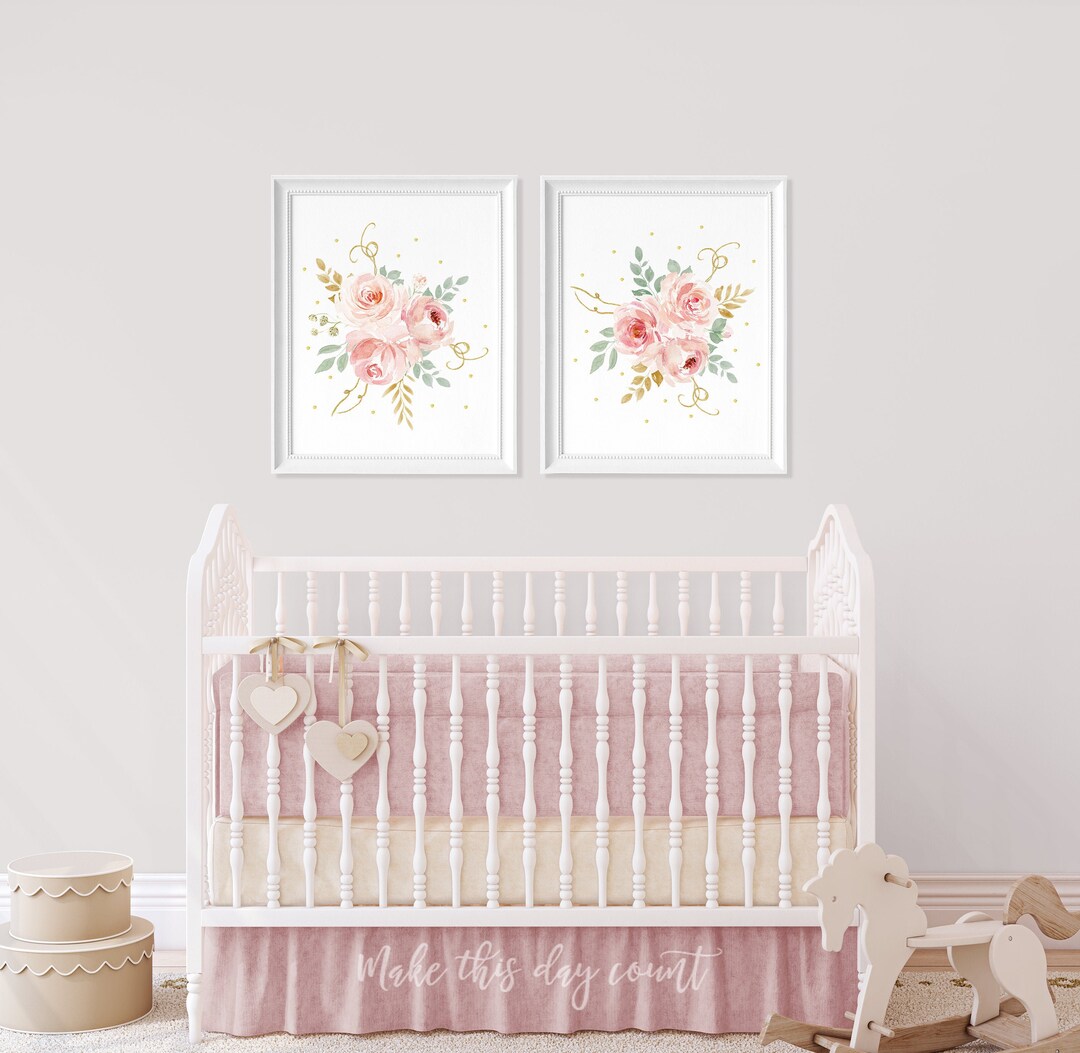 Blush and Gold Floral Nursery Wall Art Prints Pink Watercolor Roses ...
