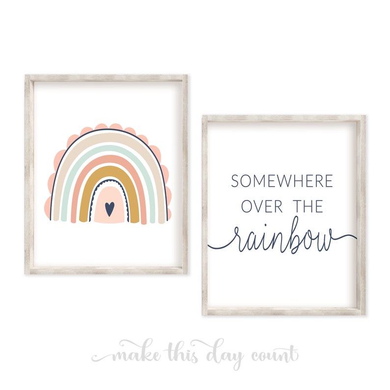 Rainbow Wall Art, Somewhere over the rainbow print, Blush Pink Pastel Rainbow Printable, Girls Rainbow Prints, Girls Room Rainbow Decor image 1