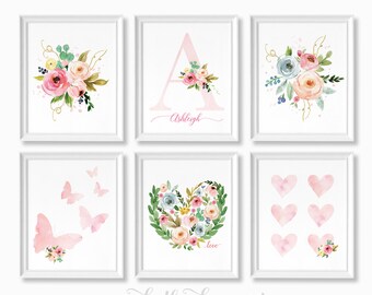 Boho Floral Nursery Prints | Girls Wall Art Prints | Butterfly Gir's Bedroom Nursery Print | Pink Blush Butterflies, Personalized Name A100