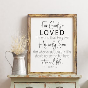 Jean 3:16 pour Dieu tant aimé le monde, impression d'art mural imprimable Écriture, verset de la Bible en téléchargement numérique, estampes chrétiennes, décoration de bureau à domicile