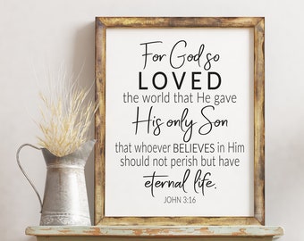John 3:16 For God So Loved the World Print, Scripture Printable Wall Art, Bible Verse Digital Download, Christian Prints, Home Office Decor