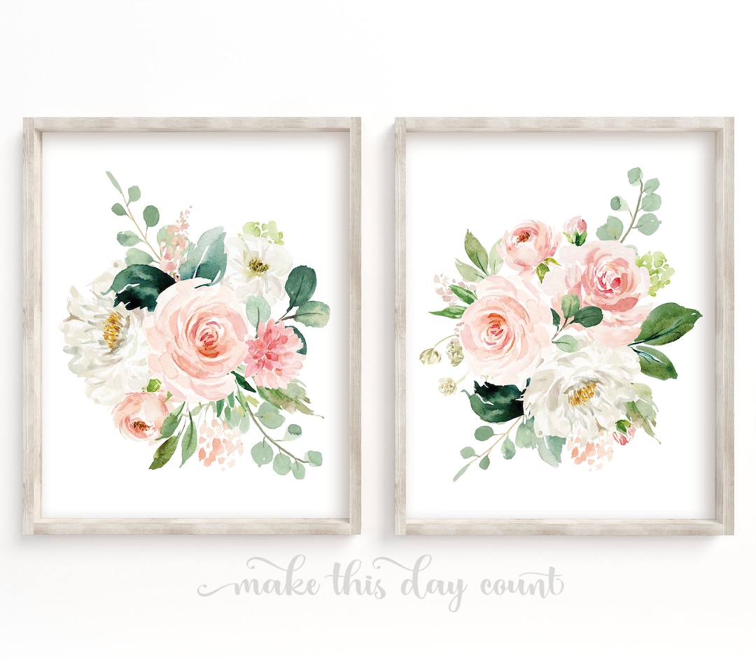 Blush Pink Floral Nursery Wall Art Prints Pink Watercolor Roses Peonies ...