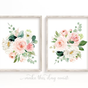 Blush Pink Floral Nursery Wall Art Prints | Pink Watercolor Roses | Peonies and Roses | Farmhouse Floral Nursery | Blush Floral Wall Art