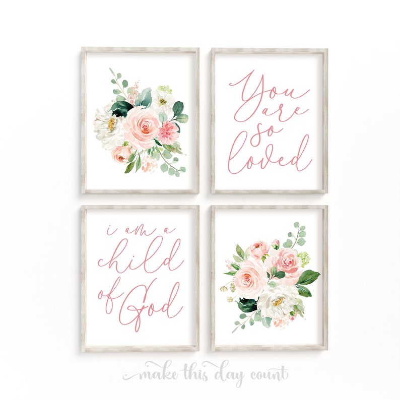 Blush Pink Floral Nursery Wall Art Prints Pink Watercolor Etsy