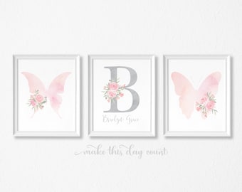 Butterfly Floral Girl's Bedroom Nursery Print | Personalized Initial and Name Custom Printable | Watercolor Floral Wall Art | Pink and Gray