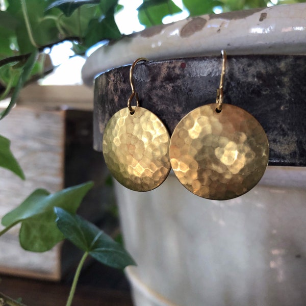 Brass Disc Earrings | Brushed Brass Hammered Earrings | Hammered Metal | Rustic Jewelry | Everyday Earrings | Birthday Gift | Gift for Her