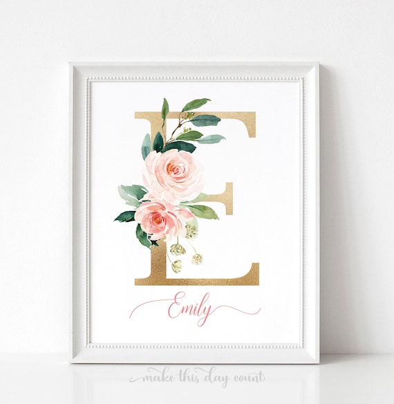 Initial Wall Art Flower Letter V Gold Nursery Print Sign Poster Printable Instant Download Monogram Floral Wreath D\u00e9cor botanical Alphabet