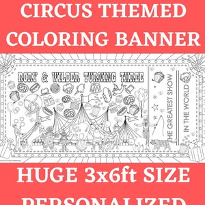 Circus Birthday Party Coloring Banner Kids Carnival Activity Three Ring Circus Personalized Poster