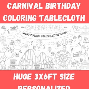 Kids Carnival Themed Birthday Party Personalized Coloring Tablecloth Activity