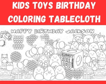 Kids Toys Birthday Party Coloring Tablecloth | Squish themed Birthday Decor | Children's Fidget Party Games Activity | Huge 36" x 72"