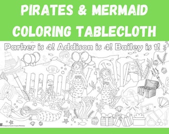 Mermaids and Pirate Birthday Party Decoration for Boy or Girl Huge Coloring Tablecloth Under the Sea Party Theme Personalized Party Activity