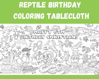 May include: A black and white coloring tablecloth featuring a reptile theme. The tablecloth is personalized with the text "Happy 6th Birthday Christian!" and is 36 inches by 72 inches.