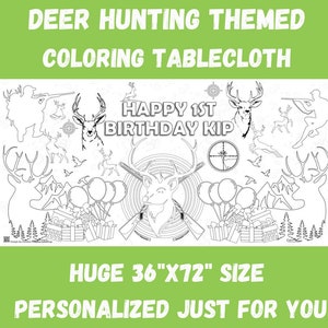 Deer Hunting Birthday Party Personalized Coloring Tablecloth | Little Hunter Coloring Poster | Camo Hunting Party | HUGE 36" x 72"