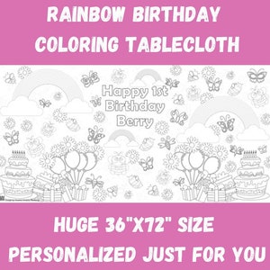 Rainbow Themed Birthday Party Table Cover | Personalized Rainbow Coloring Tablecloth | Girls Birthday Decor | HUGE 36" x 72" Tablecover