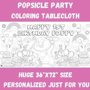 Popsicle Party Bambini Tovaglia da colorare personalizzata Festa di compleanno per bambine Decorazione da tavolo Attività per feste di compleanno estive Banner coniglietto Arcobaleno divertente