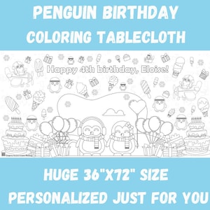 Penguin Birthday Party Table Cover Personalized Party Penguin Coloring Tablecloth Cute Penguin Party Decor for Birthday HUGE 36" x 72" Print