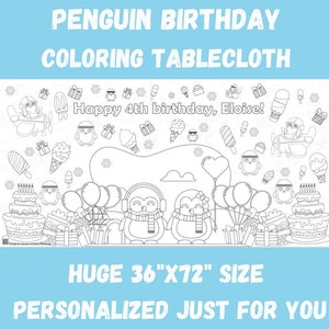 Penguin Birthday Party Table Cover Personalized Party Penguin Coloring Tablecloth Cute Penguin Party Decor for Birthday HUGE 36" x 72" Print