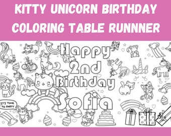 Personalized Kitty Unicorn Table Runner | GIANT 17" x 96" | Girls Caticorn or Kittycorn Birthday Party Decor | Coloring Table Cover