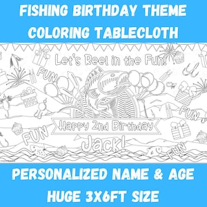 Fishing Birthday Party Coloring Tablecloth Reel Fun Kids Party Activity Reel Em In Birthday Banner Personalized Fish Birthday Poster