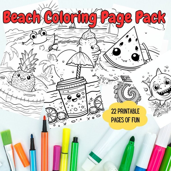 Beach Coloring Activity Pack for Kids 22 Pages Summer Beach Themed Pictures, Mazes, Crossword & Puzzles Download Print Beach Camp Bundle