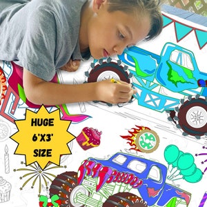 Monster Truck Birthday Party Coloring Tablecloth Huge Personalized Coloring Sheet Boy Birthday Decor Children's Party Games Activity
