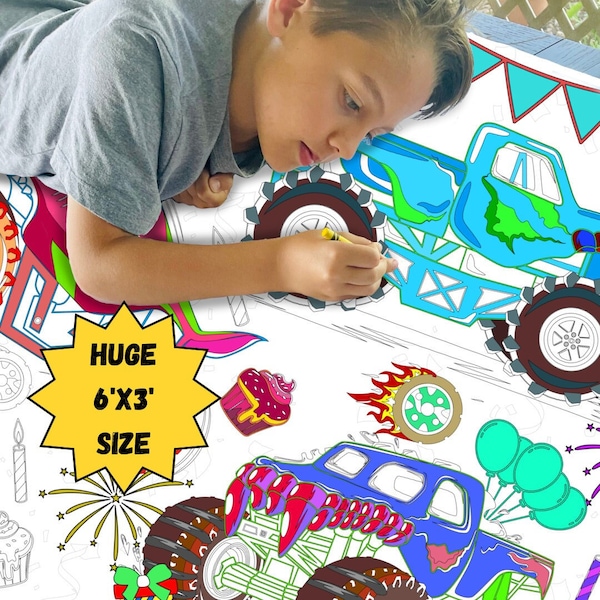 Monster Truck Birthday Party Coloring Tablecloth Huge Personalized Coloring Sheet Boy Birthday Decor Children's Party Games Activity