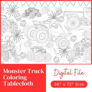 Monster Truck Birthday Party Coloring Banner | Digital Download | Boys Birthday Decor Coloring Sheet | 3' x 6' Coloring Tablecloth