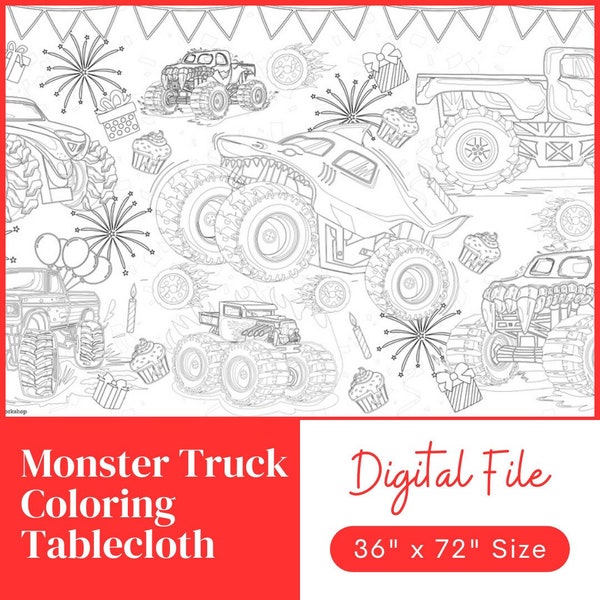 Monster Truck Birthday Party Coloring Banner | Digital Download | Boys Birthday Decor Coloring Sheet | 3' x 6' Coloring Tablecloth