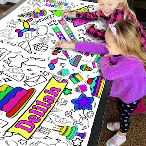 Birthday Activity Banner Personalized with Your Child&#39;s Name Large Birthday Party Coloring Poster Activity for Kids Coloring Tablecloth