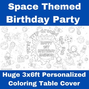 Outer Space Birthday Party Decorations Kids Coloring Tablecloth Activity First Trip Around the Sun Two the Moon Reach Four the Stars